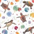 Watercolor rainbow small baby turtles colourful seamless pattern Royalty Free Stock Photo