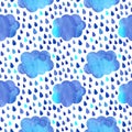 Watercolor rainy clouds with drops seamless vector pattern (blue and light blue colors).