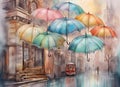 Watercolor rainy day background. Colourful umbrellas over wet streets. Rain in the town. Amazing digital illustration