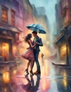 Watercolor rainy day background. Young couple under a colourful umbrella dancing in the rain. Wet town street. Amazing