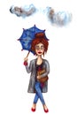 Watercolor rainy girl