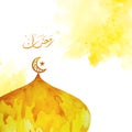 Watercolor golden dome illustration with color splash background, ramadan greeting design