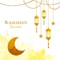 Watercolor ramadan kareem design with hanging lanterns, crescent moon and stars ornament