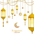 Ramadan kareem greeting card design with watercolor hanging lanterns and islamic golden ornament