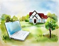 Watercolor of of real estate investment using laptop buy location