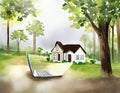 Watercolor of of real estate investment using laptop buy location