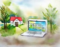 Watercolor of of real estate investment using laptop buy location