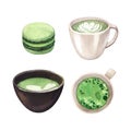 Watercolor realistic cup of hot green Japanese tea matcha latte drink set. Teacup hand-drawn illustration isolated on Royalty Free Stock Photo