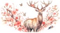 Watercolor realistic deer, flowers and butterfly, generative AI.