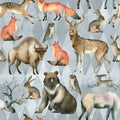 Watercolor realistic forest animal sketch. Seamles pattern about red fox, hare, brown bear, deer, elk, owl, bison, stag