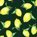 Watercolor realistic lemons pattern  vegetables  pattern for kitchen Royalty Free Stock Photo