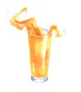 Watercolor realistic orange juice glass isolated