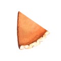 Watercolor realistic traditional dessert for Thanksgiving dinner, orange pumpkin slice pie. Hand-drawn illustration