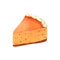 Watercolor realistic traditional dessert for Thanksgiving dinner, orange pumpkin slice pie. Hand-drawn illustration