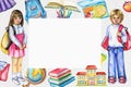 Watercolor rectangle frame with school subjects Royalty Free Stock Photo