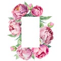 Watercolor rectangle vertical frame with pink peonies. Great for cards and wedding invitations