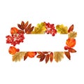 Watercolor rectangular frame with autumn leaves and berries. Background with fall foliage, rowanberry and place for text