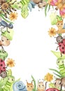 Watercolor rectangular frame with cute cartoon insects.