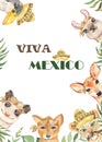 Watercolor rectangular frame with Mexican cute cartoon animals, plants and hats.