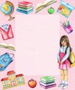 Watercolor rectangular frame with school subjects and girl Royalty Free Stock Photo