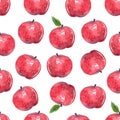 Watercolor red apples with leaves seamless pattern on white background Royalty Free Stock Photo