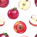 Watercolor red apples seamless pattern on the white background, Royalty Free Stock Photo