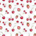 Watercolor red berries seamless pattern on white background. Fresh summer fruits print. Ripe strawberries and cherry Royalty Free Stock Photo