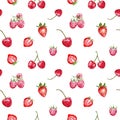 Watercolor red berries seamless pattern on white background. Fresh summer fruits print. Strawberries, cherry, rasberry Royalty Free Stock Photo