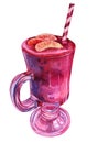 Watercolor red berry smoothies cocktail with straw and tangerine isolated. Fresh summer blended drink. Creative object