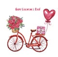 Watercolor red bicycle with flowers. Cute hand painted bike, roses in basket, heart shaped air balloon. Valentines day theme Royalty Free Stock Photo