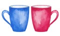 Watercolor red and blue mugs tea cups isolated on white background Royalty Free Stock Photo