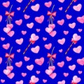 Watercolor red bow with pink hearts and fairy wand seamless pattern isolated on blue background. Cute hand drawn love