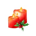 Watercolor red burning candles with holly berries Royalty Free Stock Photo