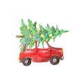 Watercolor red car with christmas tree lights blue rose