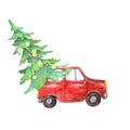 Watercolor christmas red car tree with christmas lights