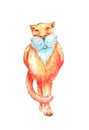 Watercolor red cat with a white beard and covered eyes stands on its hind legs Royalty Free Stock Photo