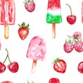 Watercolor red cherries seamless pattern with berry and ice popsicles , isolated on white background. Summer bright print for Royalty Free Stock Photo