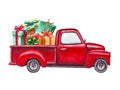 Watercolor red Christmas truck with gift boxes, isolated on white background. Hand painted abstract retro car and Royalty Free Stock Photo