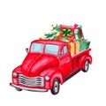 Watercolor red Christmas truck with gift boxes, isolated on white background. Hand painted abstract retro car and Royalty Free Stock Photo