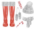 Watercolor red christmas wellies with knittet elements - hat, scarf and mittens. Xmas red rain boots, holiday welly boots.