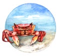 Watercolor crab on the beach. Hand painted illustration in circle isolated on white background. Royalty Free Stock Photo