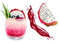 Watercolor red dragon fruit juice splashes and blots, pitaya slice and iced limonade illustration set. Juicy splatters Royalty Free Stock Photo