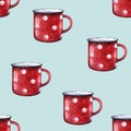 Watercolor red enamel polka dot mug cup seamless pattern. Decorative retro chevron. Blue green