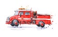 Watercolor red fire truck on call hand painted illustration Royalty Free Stock Photo