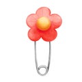 Watercolor red flower safety pin clipart. Hand painted school element illustration isolated on white background. Royalty Free Stock Photo