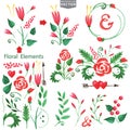 Watercolor red flowers,branshes,floral elements Royalty Free Stock Photo