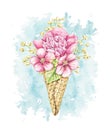 Watercolor red flowers in waffle cone on blue stain backdrop