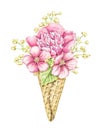 Watercolor red flowers in waffle cone