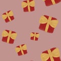 Watercolor red gift boxes with golden bows on red background. Christmas seamless pattern. Birthday, anniversary, festive, holiday Royalty Free Stock Photo