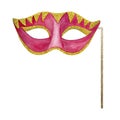 Watercolor red gold Venetian carnival mask on stick. Hand drawn Purim or Mardi Gras illustration isolated on white Royalty Free Stock Photo